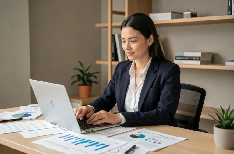 Freelance marketing travaillant sur une stratégie de croissance en ligne depuis son bureau à domicile