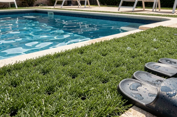 Revêtement en gazon synthétique drainant installé autour d'une piscine avec lames réalistes et finition propre au niveau de la margelle