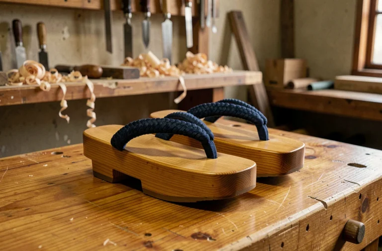 Paire de geta japonaises artisanales en bois de hinoki laqué avec sangles en coton indigo sur un établi d'artisan à Kyoto