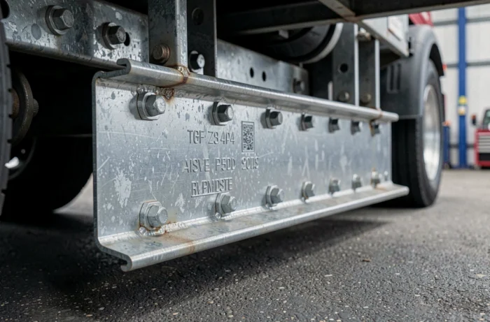 Détail en gros plan d'une barre anti-écrasement homologuée fixée sous le châssis d'un camion poids lourd