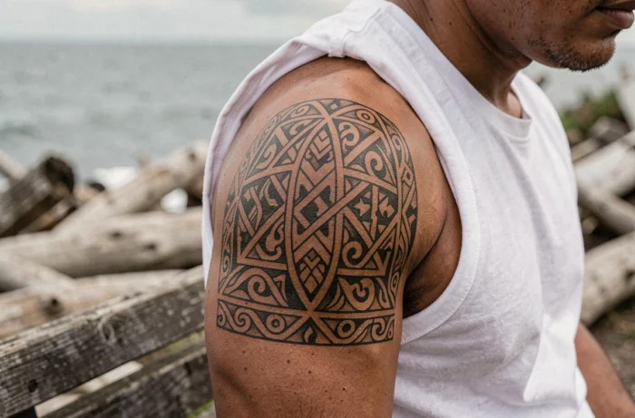 Gros plan d'un tatouage maori géométrique aux motifs kowhaiwhai sur l'épaule d'un homme polynésien près d'une côte néo-zélandaise