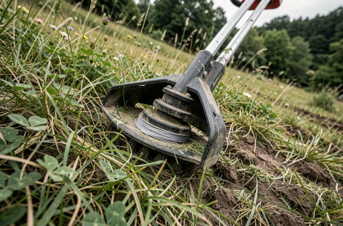 Gros plan sur la tête de coupe d'une débroussailleuse électrique sans fil posée sur un terrain herbeux en pente dans un jardin rural