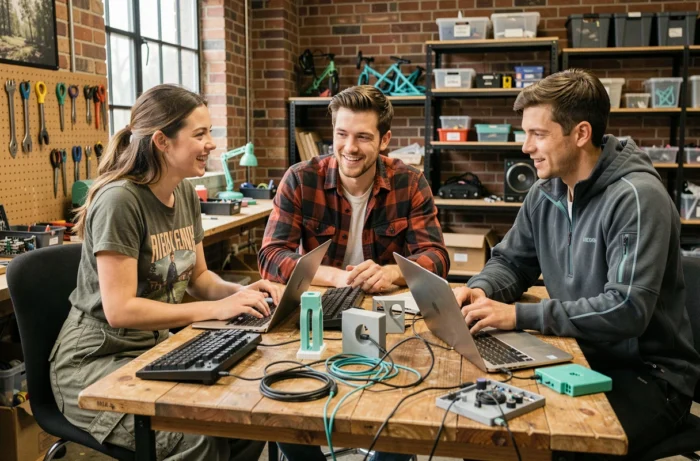 Groupe de jeunes passionnés de technologie collaborant autour de prototypes et d'ordinateurs dans un hackerspace