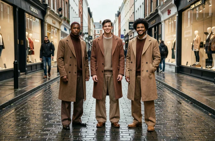 Groupe de jeunes adultes tendance portant des tenues de mode actuelles dans une rue urbaine avec des boutiques en arrière-plan