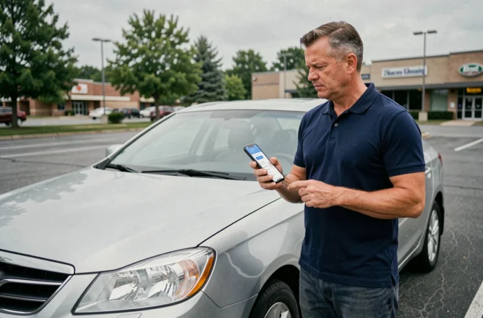 Homme consultant une application d'assurance auto sur smartphone devant sa voiture