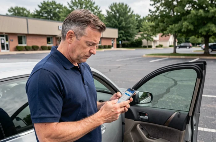Homme souscrivant une assurance auto en ligne sur smartphone sans acompte immédiat dans un parking