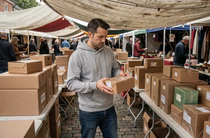 Homme inspectant des colis mystère non ouverts sur un stand de marché aux puces en plein air