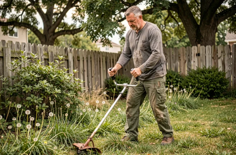 Homme utilisant une débroussailleuse thermique pour entretenir les bordures d'un jardin suburban envahi par les herbes folles