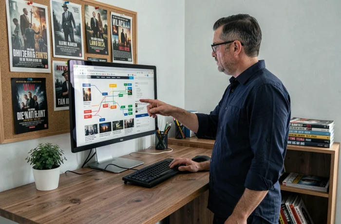 Homme explorant le plan d'un site dédié au cinéma et aux séries TV sur un grand écran d'ordinateur de bureau