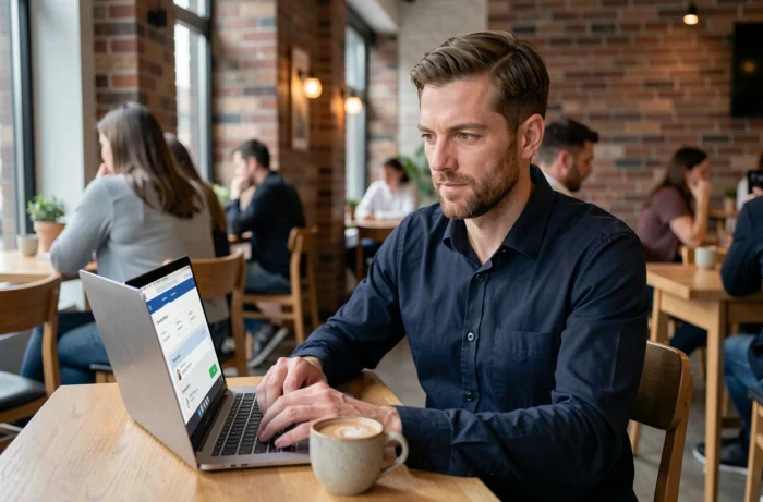 Homme gérant ses services Free Mobile sur ordinateur portable dans un café urbain