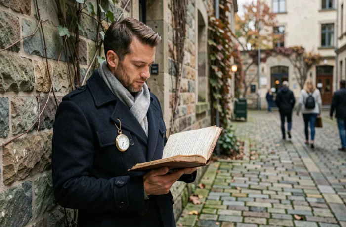 Homme consultant un journal ésotérique avec une montre gousset indiquant 12h13 dans une cour urbaine