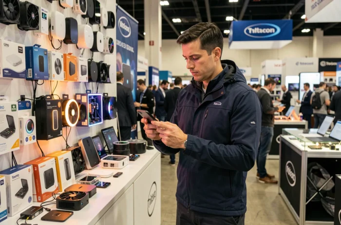 Homme examinant un smartphone pliable devant un stand de gadgets high-tech lors d'un salon geek