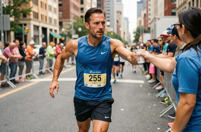 Coureur s'hydratant avec une boisson sportive lors d'un ravitaillement pendant un semi-marathon urbain
