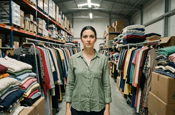 Femme entourée de vêtements empilés dans un entrepôt de mode rapide illustrant l'impact écologique de la fast fashion et d'ASOS