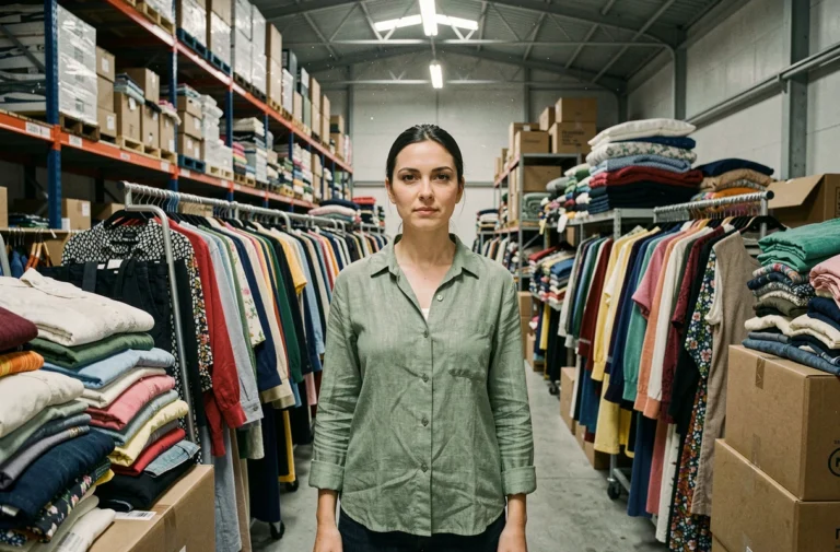 Femme entourée de vêtements empilés dans un entrepôt de mode rapide illustrant l'impact écologique de la fast fashion et d'ASOS
