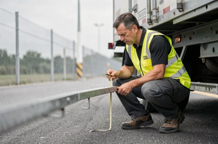 Inspecteur de sécurité vérifiant la conformité d'une barre anti-écrasement sous un camion lors d'un contrôle technique