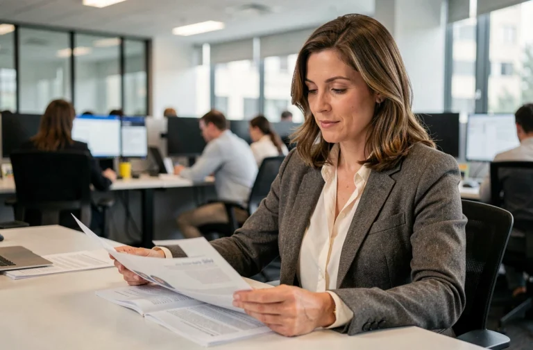 Journaliste professionnelle assise à un bureau de rédaction, examinant des documents dans une salle de presse moderne