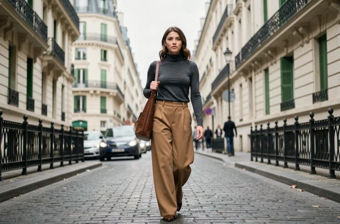 Mannequin marchant avec assurance sur un boulevard parisien en tenue chic charbon et camel, évoquant la carrière internationale dans le monde du mannequinat