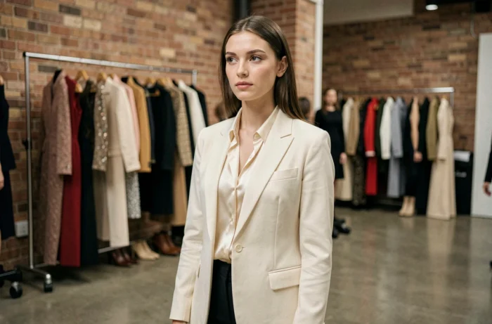 Mannequin professionnelle en coulisses d'un défilé de mode, portant un blazer crème et un chemisier en soie, illustrant les débuts d'une carrière fulgurante dans le mannequinat