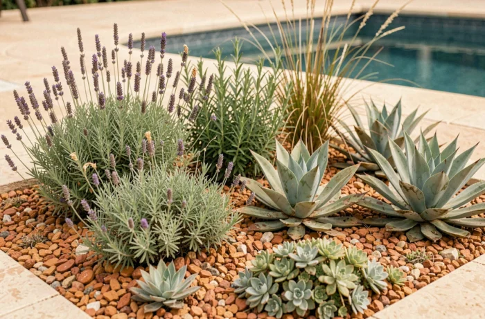 Massif de plantes méditerranéennes à faible besoin hydrique avec lavande, agave, graminées et paillis de gravier autour d'une piscine