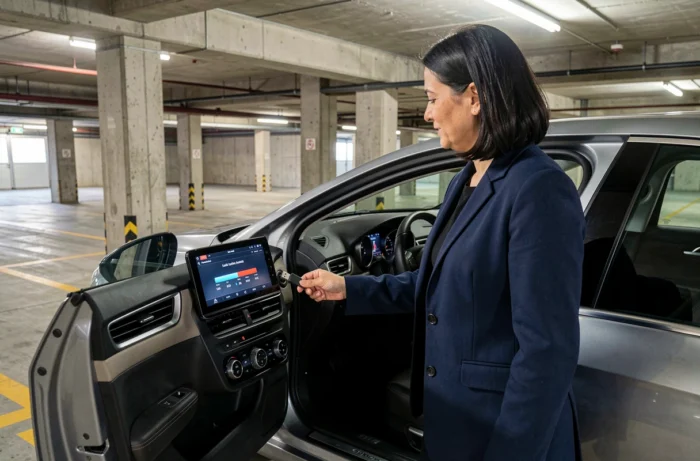 Femme insérant une clé USB pour mettre à jour le GPS d'une Citroën C4 dans un parking