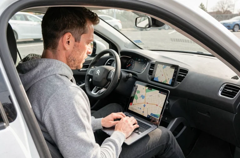 Homme mettant à jour le GPS de sa Citroën C4 depuis un ordinateur portable dans l'habitacle