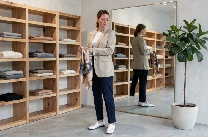 Femme élégante dans une boutique minimaliste scandinave, mode féminine raffinée et accessoires tendance