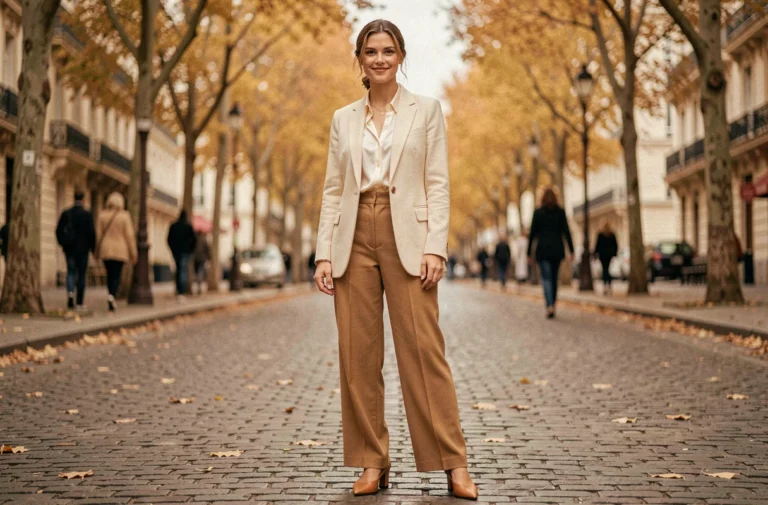 Femme élégante en blazer crème et pantalon camel dans une rue parisienne en automne, style mode quotidien tendance