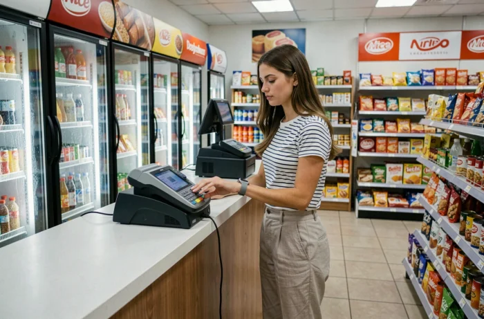 Jeune femme payant sans contact avec une montre connectée sur une borne EMV dans une épicerie de Nice