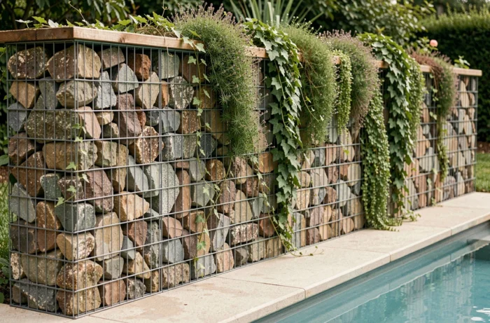 Muret végétalisé en gabion rempli de pierres naturelles avec plantes grimpantes servant de brise-vue en bordure de piscine