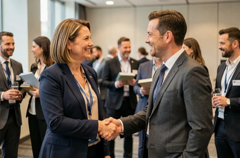 Deux professionnels se serrant la main lors d'un événement de networking dans un business club moderne