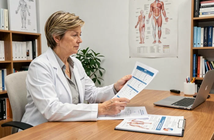 Nutritionniste analysant un tableau d'IMC pour déterminer le poids idéal d'une personne mesurant 1m57