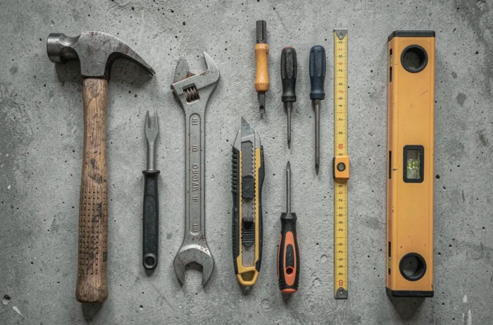 Vue aérienne d'un ensemble d'outils à main indispensables pour le bricolage posés sur un établi en béton
