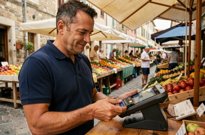 Homme effectuant un paiement sans contact par carte bancaire sur une borne EMV dans un marché de Nice