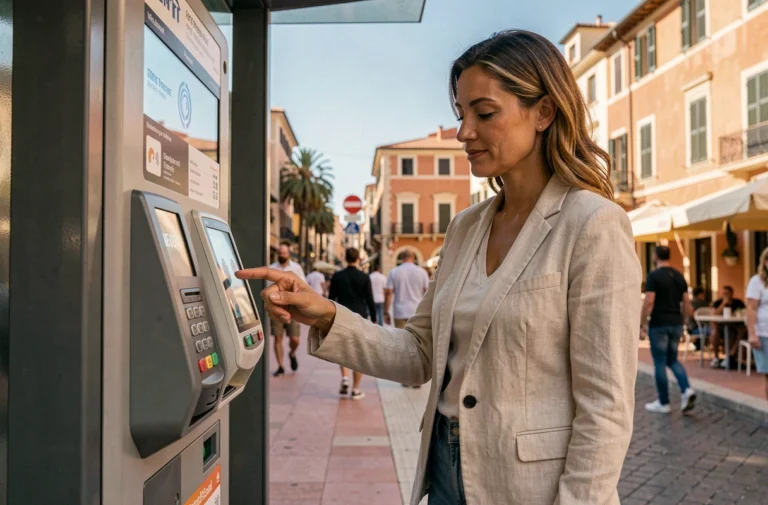 Femme utilisant le paiement sans contact sur une borne EMV à un arrêt de bus à Nice