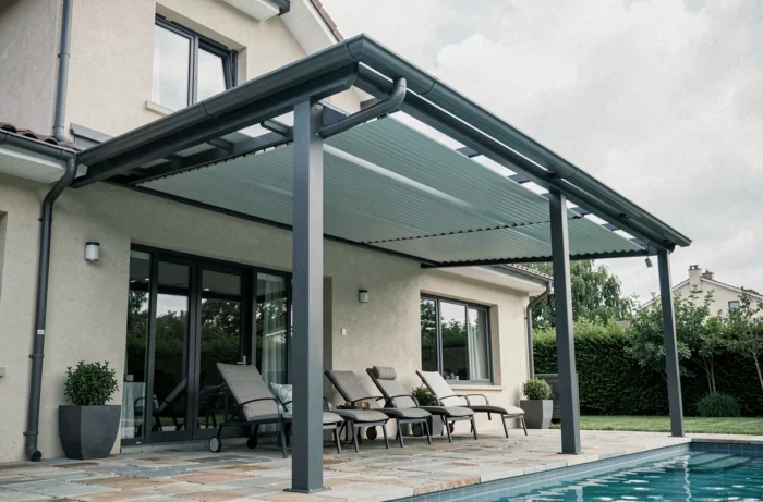 Pergola bioclimatique à lames orientables en aluminium anthracite attenante à la maison avec vue sur la piscine et la plage