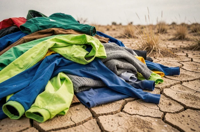 Tas de vêtements synthétiques jetés sur une terre aride symbolisant la pollution textile et l'impact environnemental de la mode en ligne