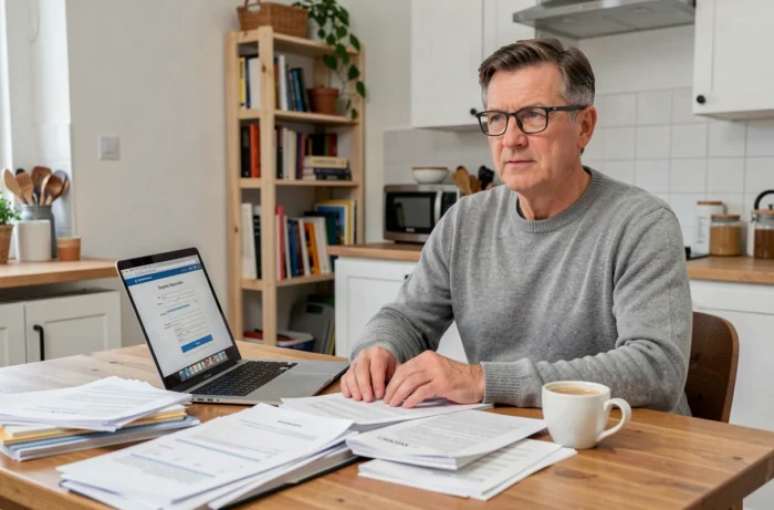 Homme préparant ses documents indispensables pour une démarche Killahejlaszo Ltd depuis son domicile avec un ordinateur portable
