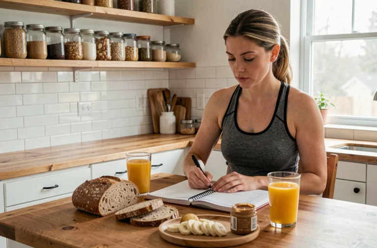Coureuse préparant son plan nutritionnel avant un semi-marathon avec des aliments énergétiques sur une table en bois