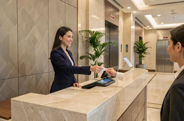 Réception d'un hôtel moderne avec une hôtesse en blazer marine accueillant un client au comptoir en marbre