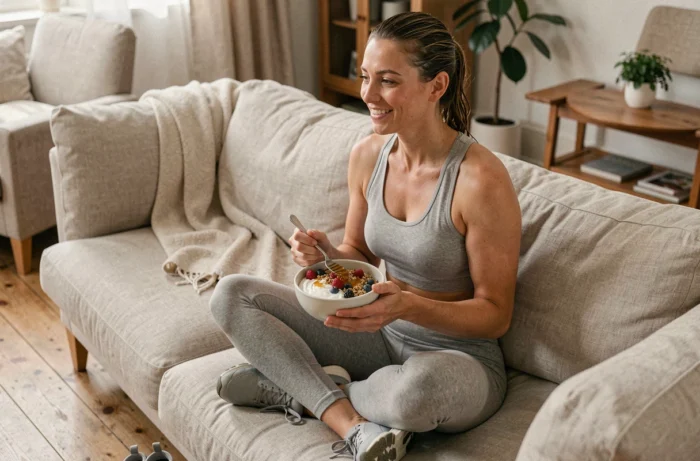 Coureuse en récupération mangeant un bol de yaourt grec aux fruits rouges après un semi-marathon