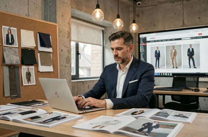 Rédacteur de mode masculin travaillant sur un site de tendances mode dans un bureau créatif moderne avec lookbooks et échantillons de tissu