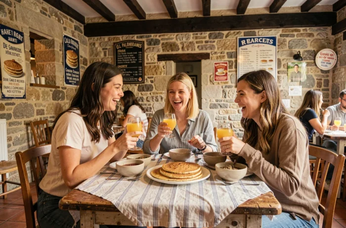 Trois amies dégustant des galettes de sarrasin et du cidre breton dans une crêperie traditionnelle en Bretagne