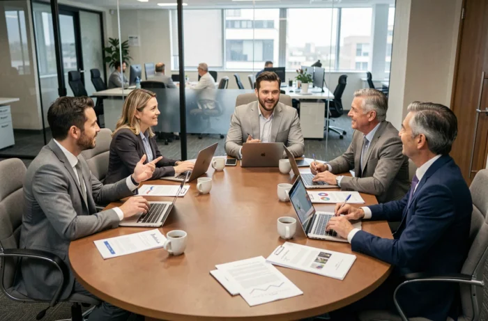 Groupe de professionnels réunis en réunion autour d'une table dans un business club