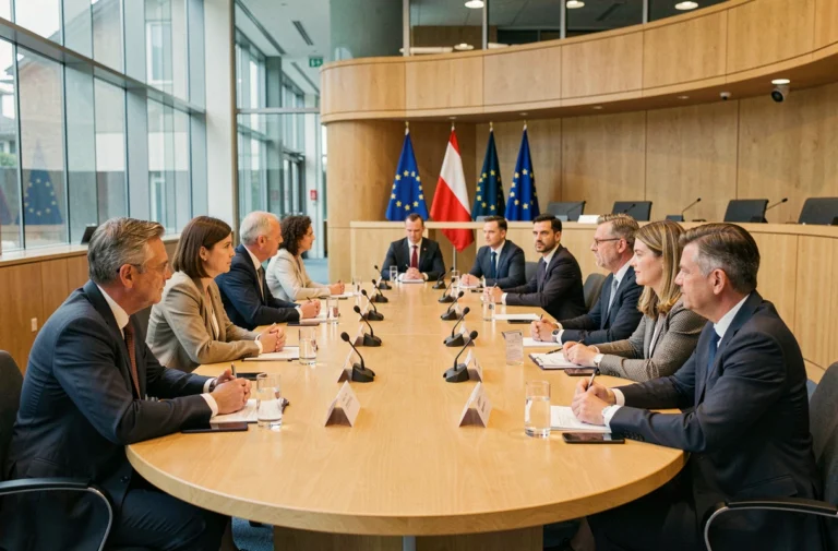 Réunion de dirigeants politiques européens autour d'une table de conférence dans un bâtiment institutionnel de l'Union européenne