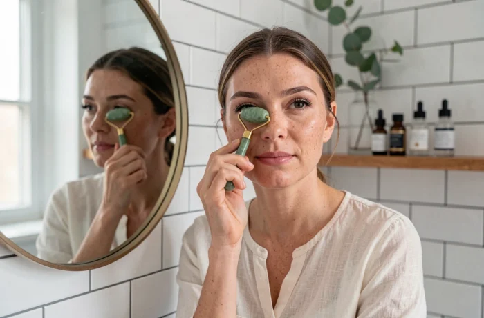 Femme aux cheveux naturels utilisant un rouleau de jade dans sa salle de bain pour une routine beauté quotidienne