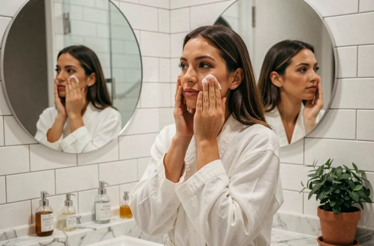 Femme appliquant sa crème hydratante devant un miroir de salle de bain dans une routine beauté quotidienne naturelle