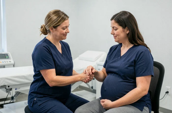 Sage-femme montrant le point d'acupression P6 sur le poignet d'une femme enceinte lors d'une consultation prénatale
