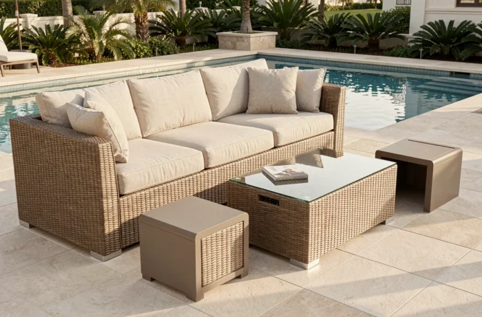 Salon lounge en résine tressée avec rangement intégré sous le canapé et coussins résistants aux intempéries au bord de la piscine