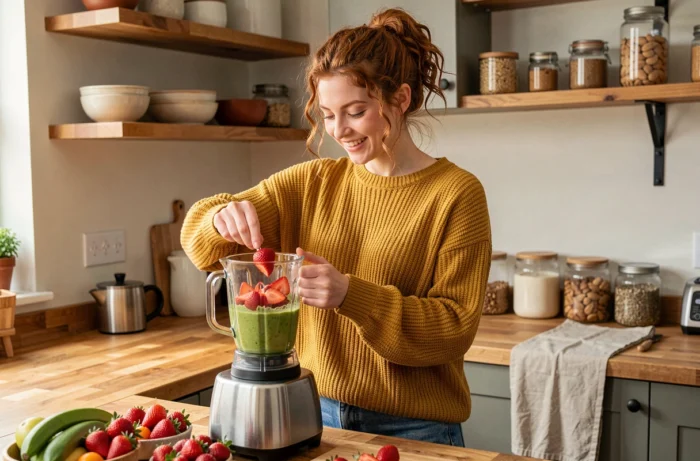 Jeune femme préparant un smoothie de fruits frais dans une cuisine naturelle dans le cadre d'une routine beauté et santé au quotidien